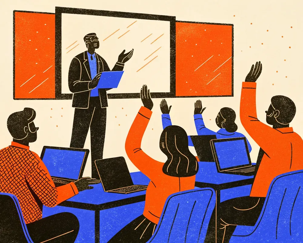 Illustration: a hands-on AI workshop, a full room at laptops with raised hands