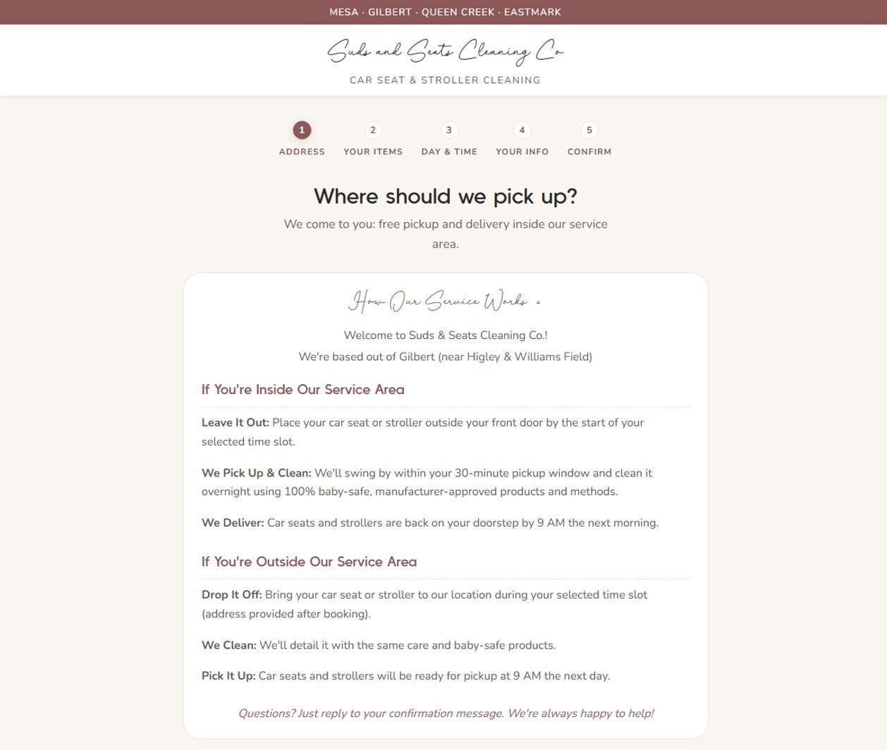 A live branded booking page: five steps from address to confirmation